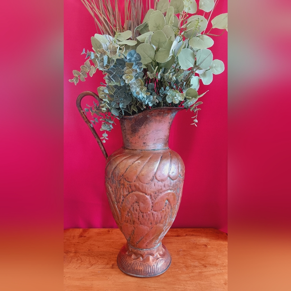 XL Vintage Copper Pitcher Vase / Umbrella Holder
